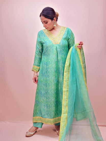 V-Neck Printed A-Line Kurta Set