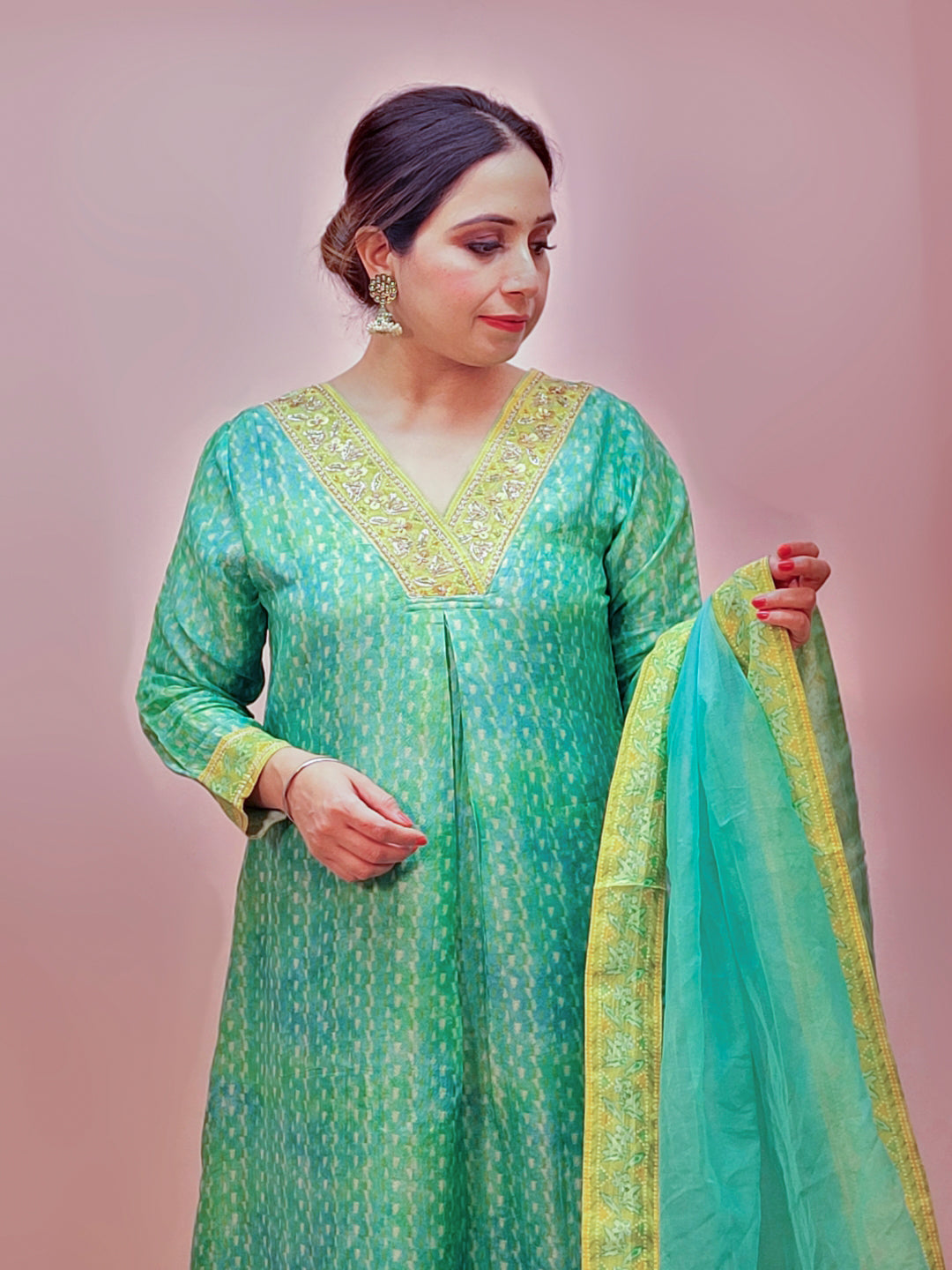 V-Neck Printed A-Line Kurta Set