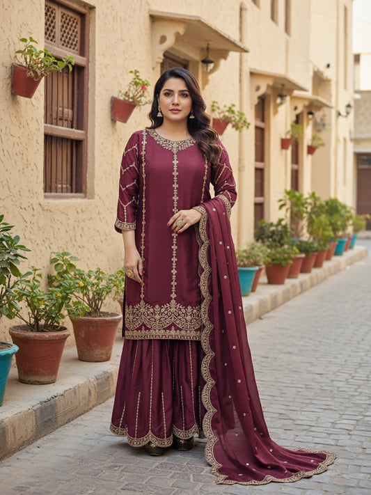 Heavy Embroidered Punjabi Sharara Suit. Zari embroidery on kurti sleeves. Embroidered sharara and dupatta.