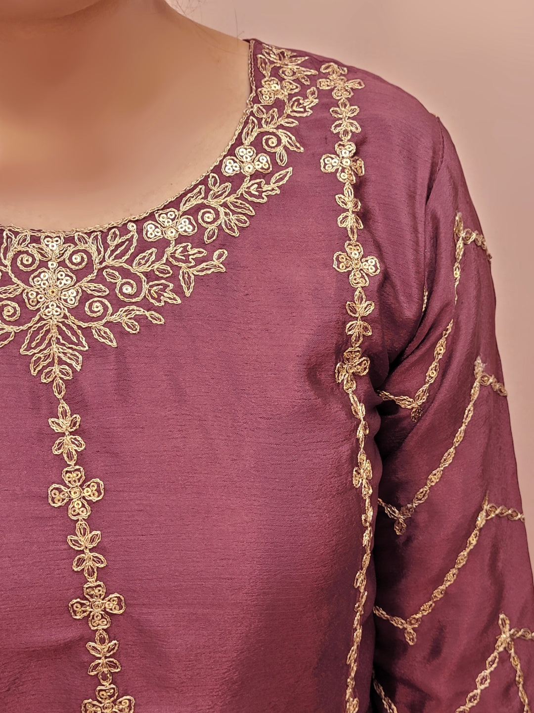 Heavy Embroidered Punjabi Sharara Suit. Zari embroidery on kurti sleeves. Embroidered sharara and dupatta.