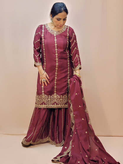 Heavy Embroidered Punjabi Sharara Suit. Zari embroidery on kurti sleeves. Embroidered sharara and dupatta.