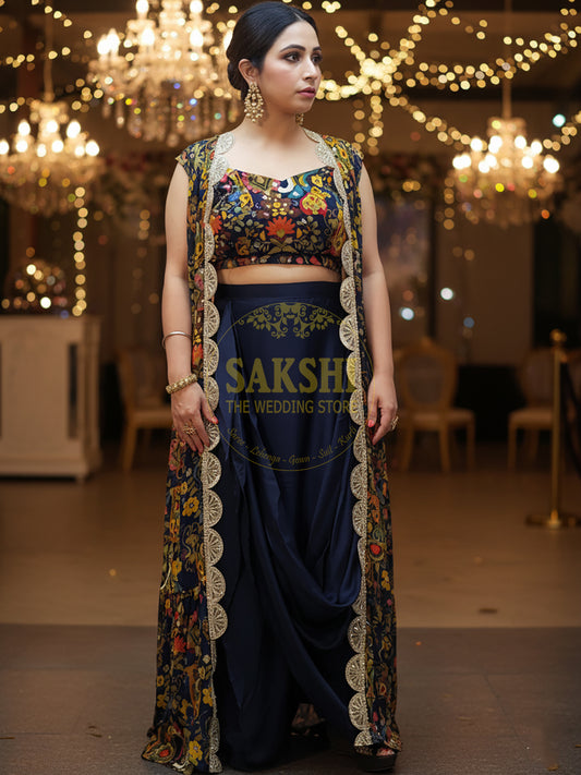 Indo Western Cowl Skirt with Printed Blouse and Shrug