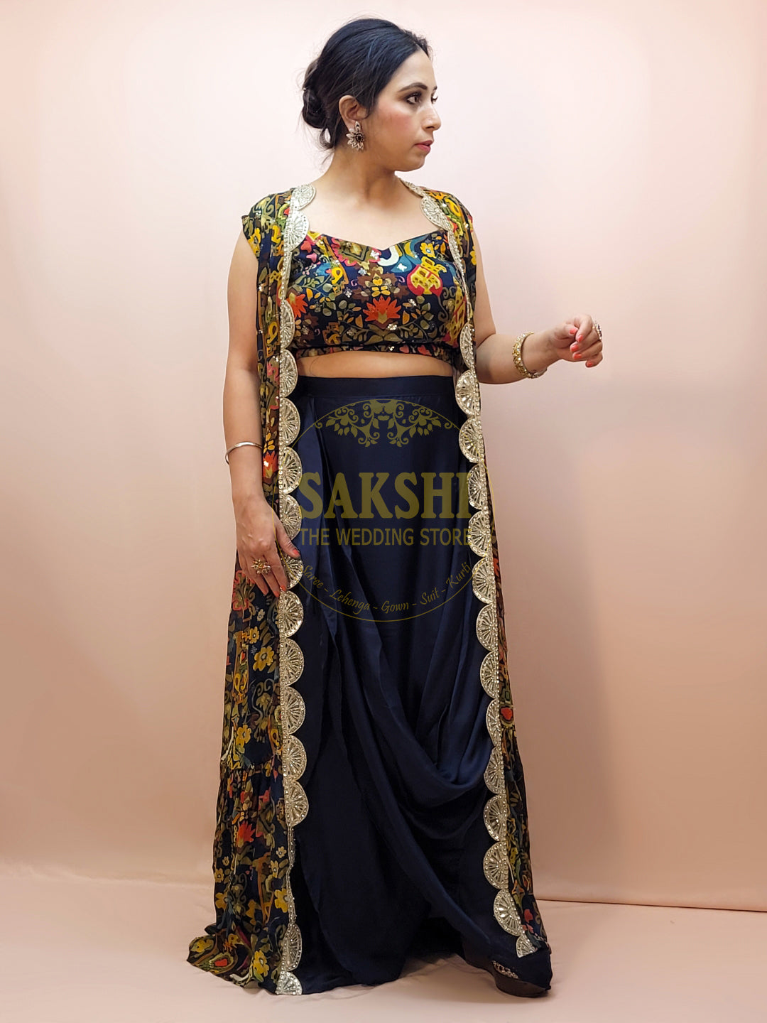 Indo Western Cowl Skirt with Printed Blouse and Shrug