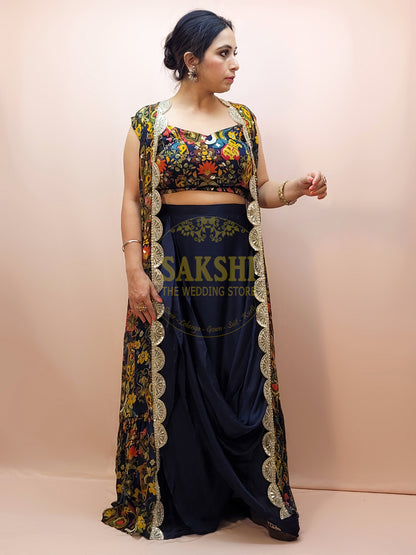 Indo Western Cowl Skirt with Printed Blouse and Shrug