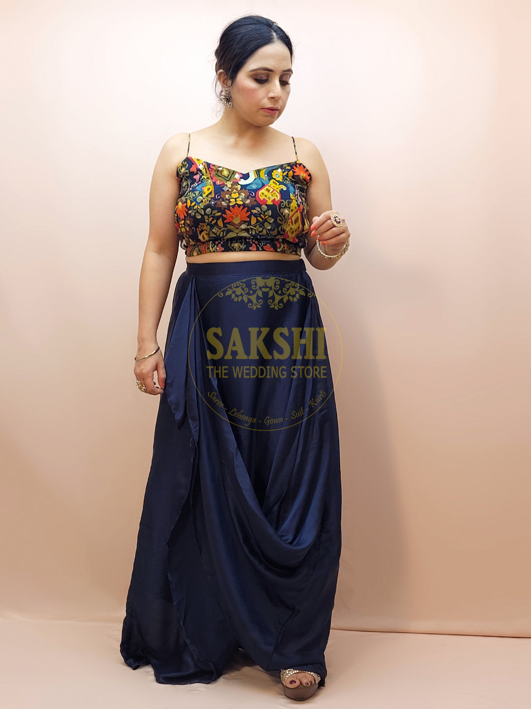 Indo Western Cowl Skirt with Printed Blouse and Shrug