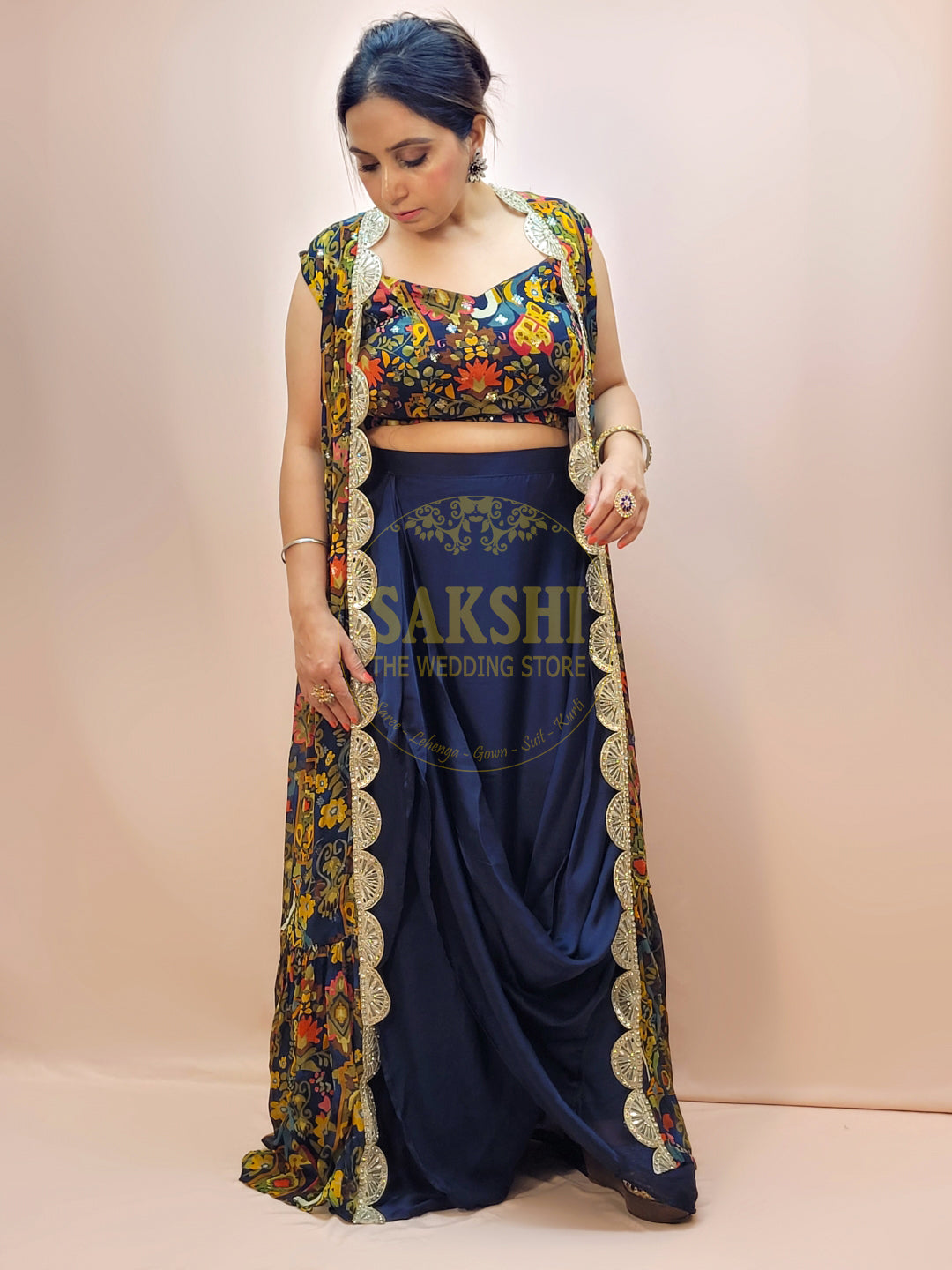 Indo Western Cowl Skirt with Printed Blouse and Shrug