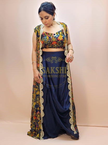 Indo Western Cowl Skirt with Printed Blouse and Shrug