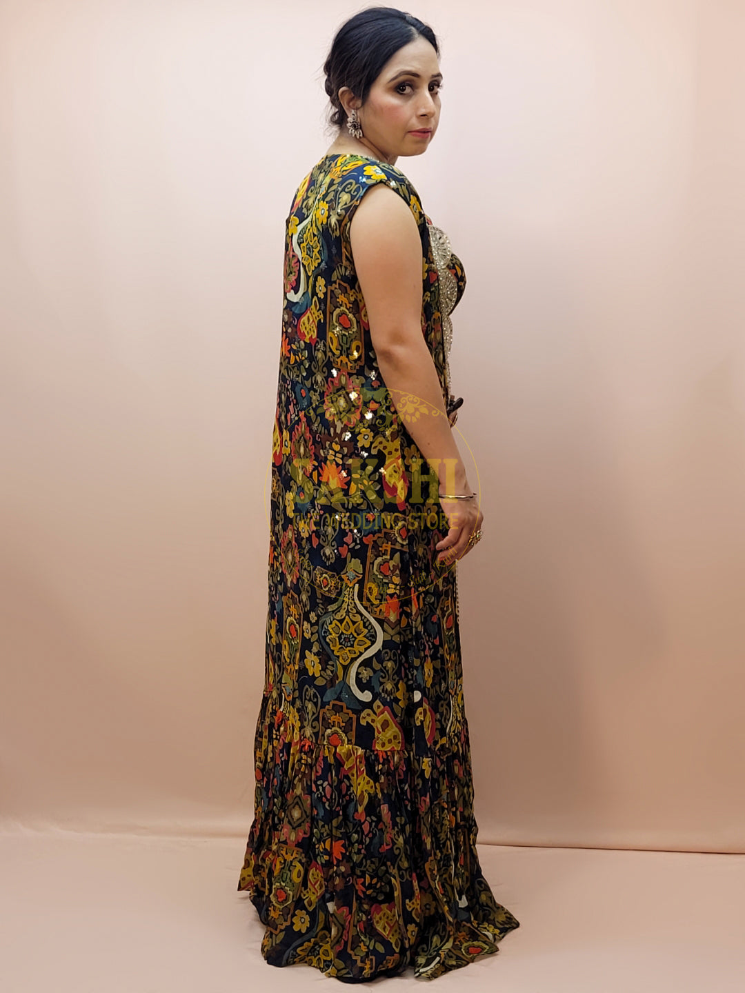 Indo Western Cowl Skirt with Printed Blouse and Shrug