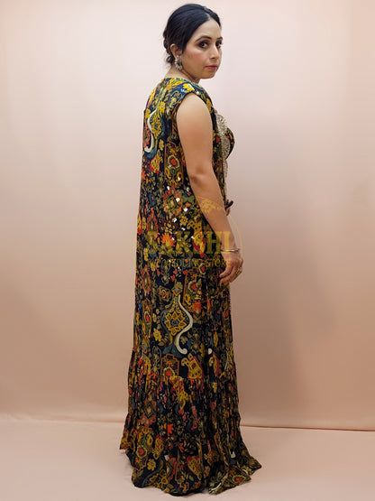 Indo Western Cowl Skirt with Printed Blouse and Shrug