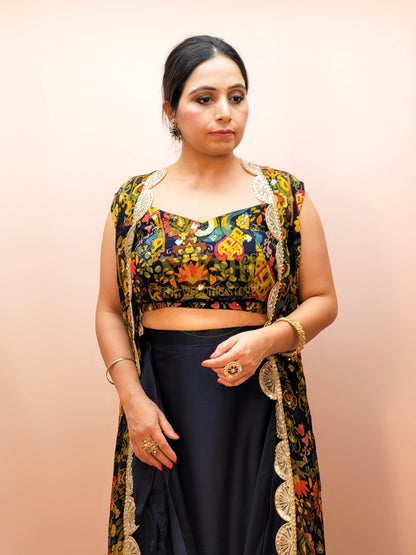 Indo Western Cowl Skirt with Printed Blouse and Shrug