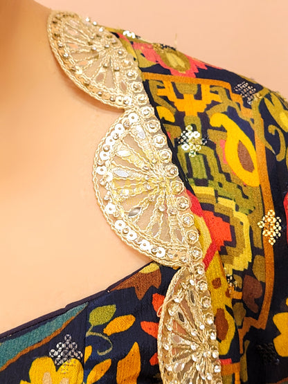 Indo Western Cowl Skirt with Printed Blouse and Shrug