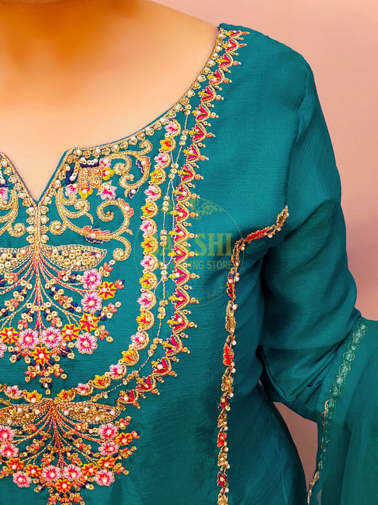 Blue Sharara Suit with Multicolor Embroidery