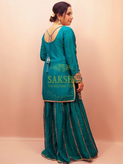 Blue Sharara Suit with Multicolor Embroidery