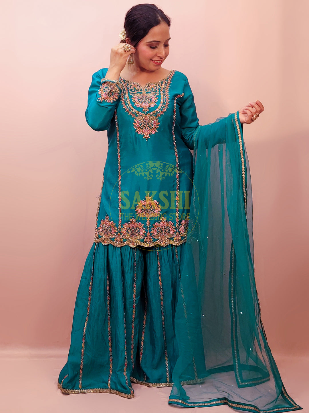 Blue Sharara Suit with Multicolor Embroidery