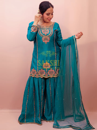 Blue Sharara Suit with Multicolor Embroidery