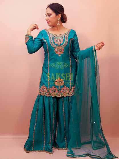 Blue Sharara Suit with Multicolor Embroidery