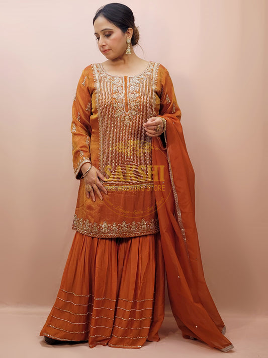 Rust Orange Sharara Suit with Beads Embroidery
