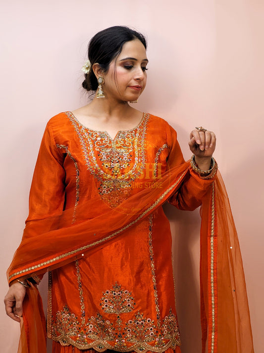 Rust Orange Sharara Dress with Multicolor Embroidery