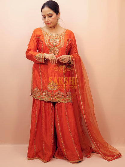 Rust Orange Sharara Dress with Multicolor Embroidery