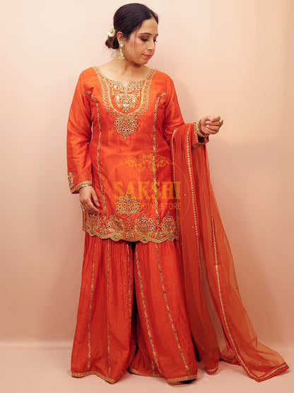 Rust Orange Sharara Dress with Multicolor Embroidery