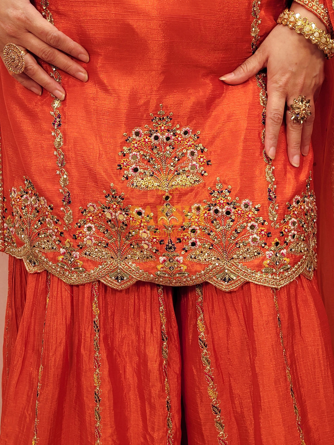 Rust Orange Sharara Dress with Multicolor Embroidery