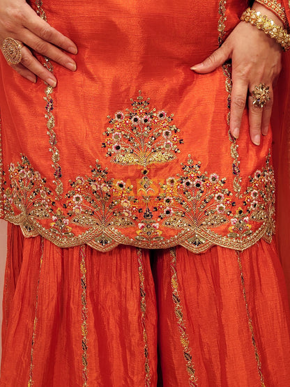 Rust Orange Sharara Dress with Multicolor Embroidery