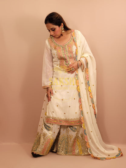 White Chinnon Pakistani Sharara Suit