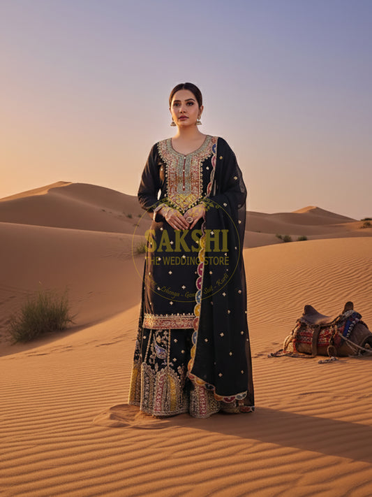 Black Chinnon Pakistani Sharara Suit