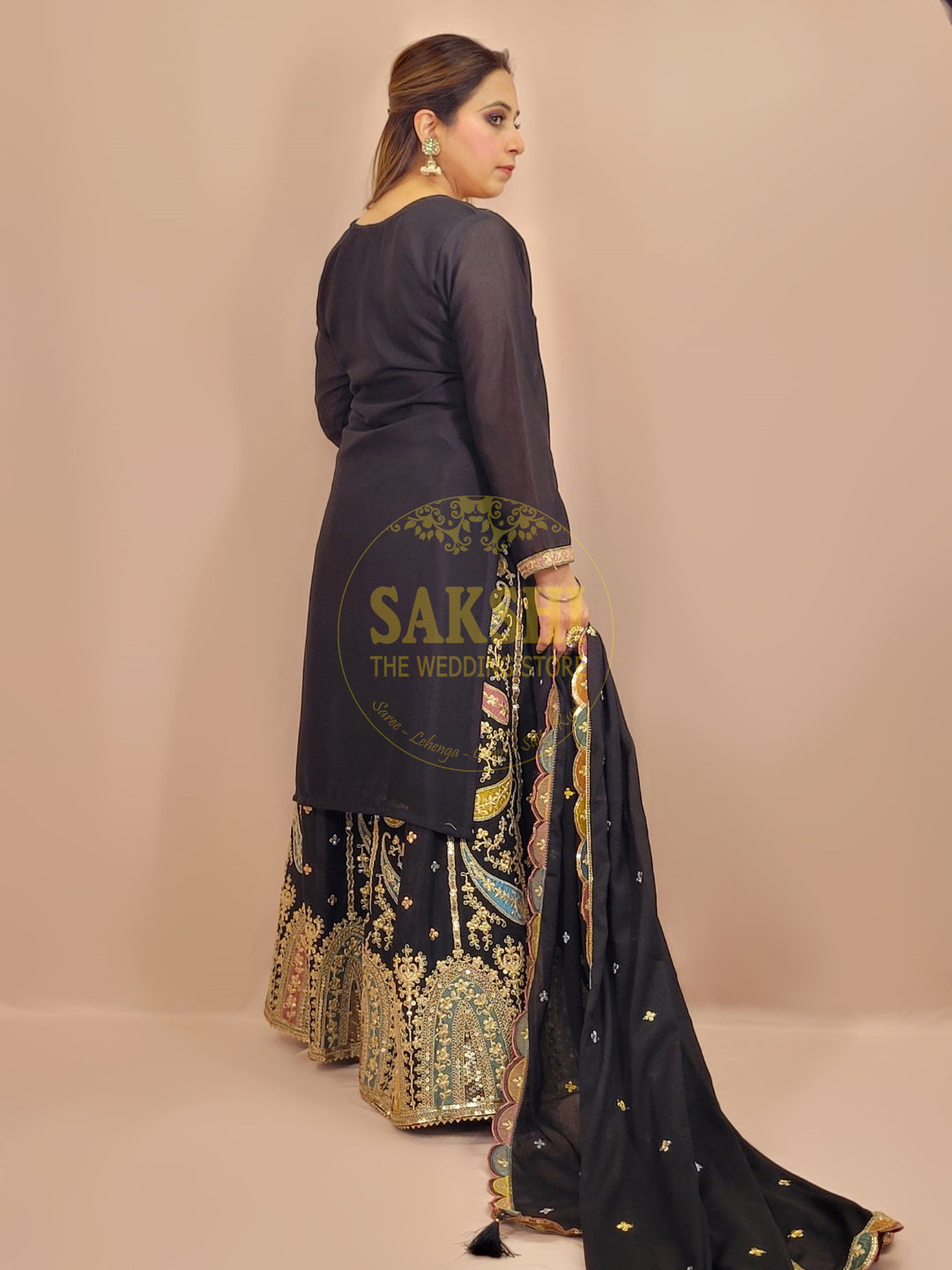 Black Chinnon Pakistani Sharara Suit