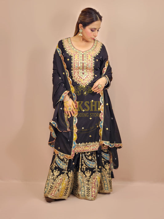 Black Chinnon Pakistani Sharara Suit
