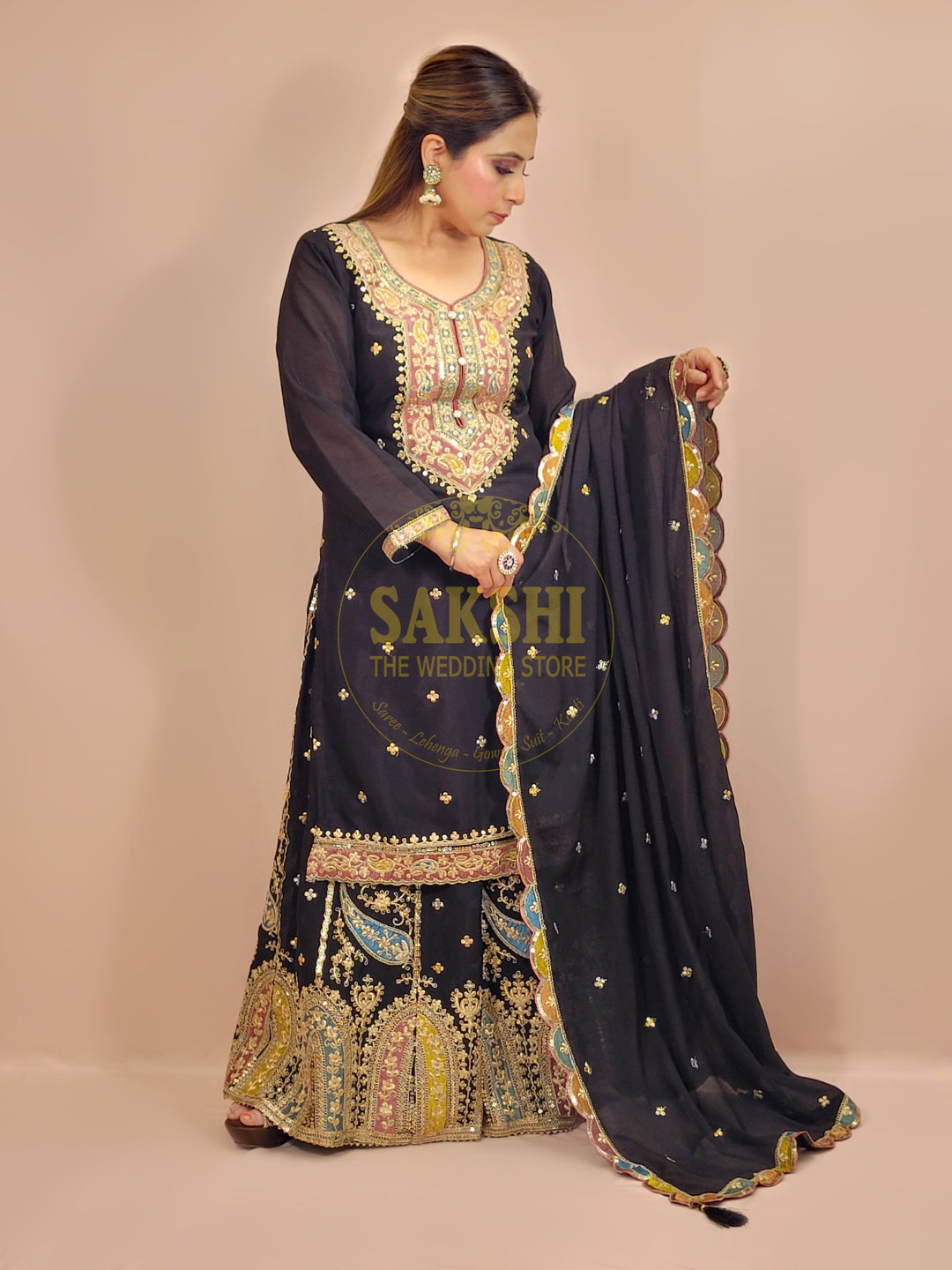 Black Chinnon Pakistani Sharara Suit