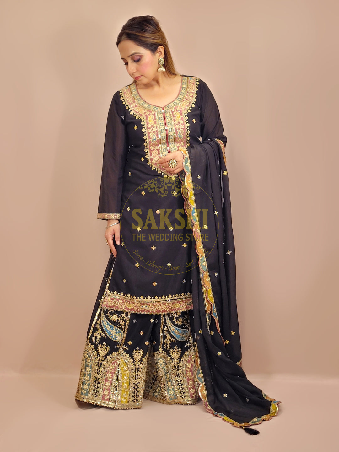 Black Chinnon Pakistani Sharara Suit