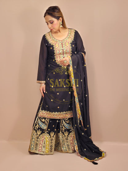 Black Chinnon Pakistani Sharara Suit