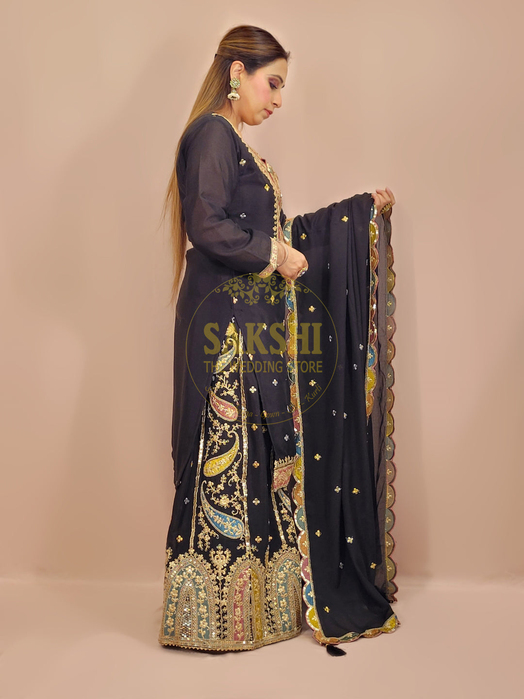 Black Chinnon Pakistani Sharara Suit