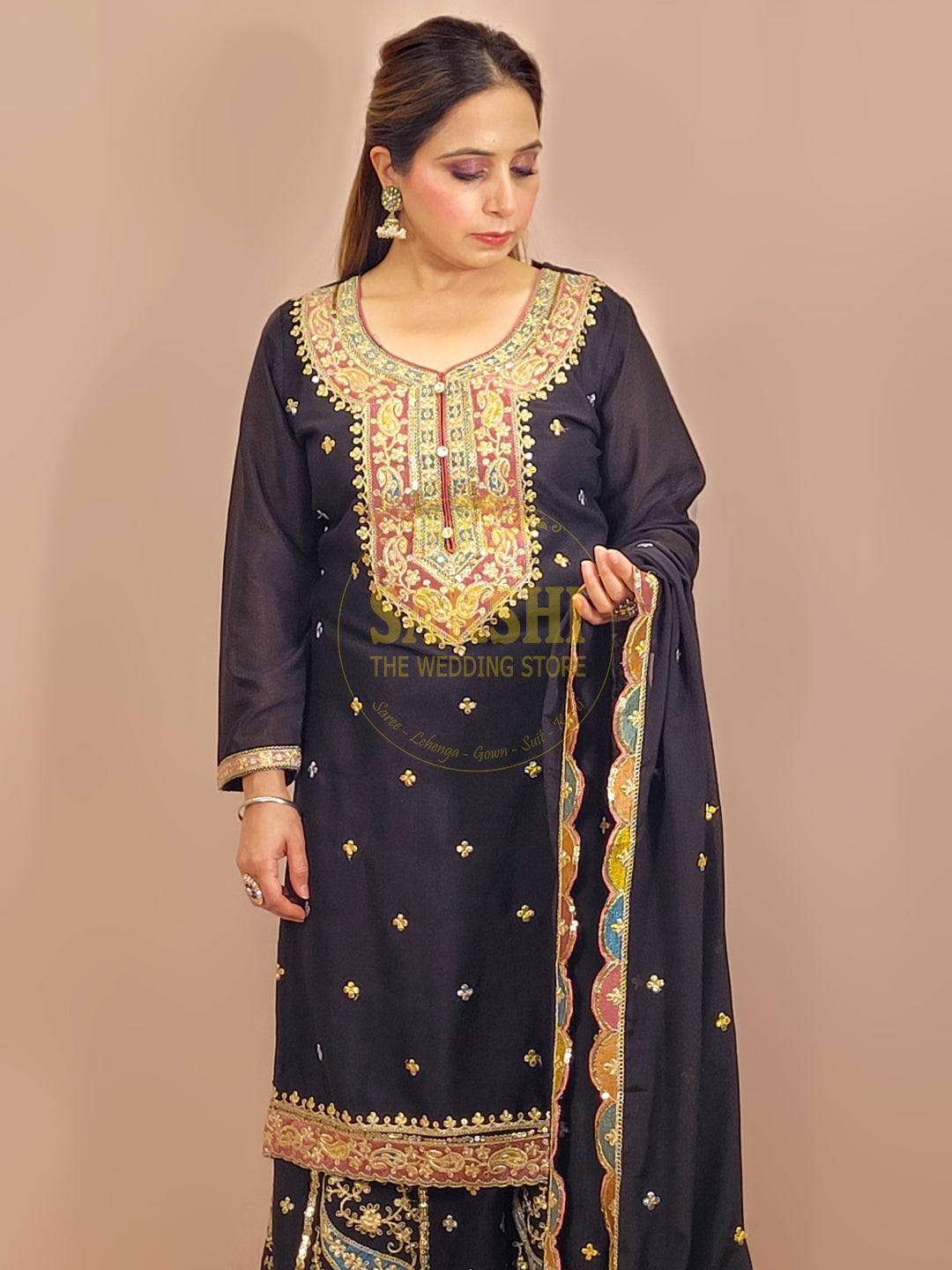 Black Chinnon Pakistani Sharara Suit