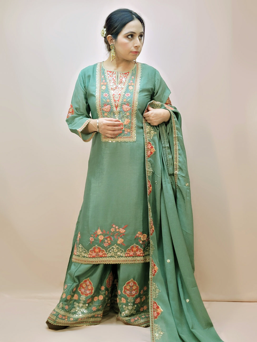 Green Chinon Wedding Suit for Women