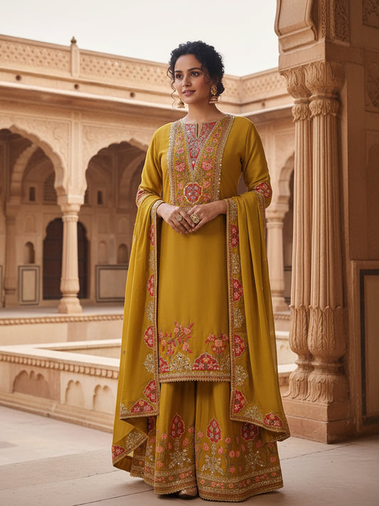 Yellow Chinon Wedding Suit for Women