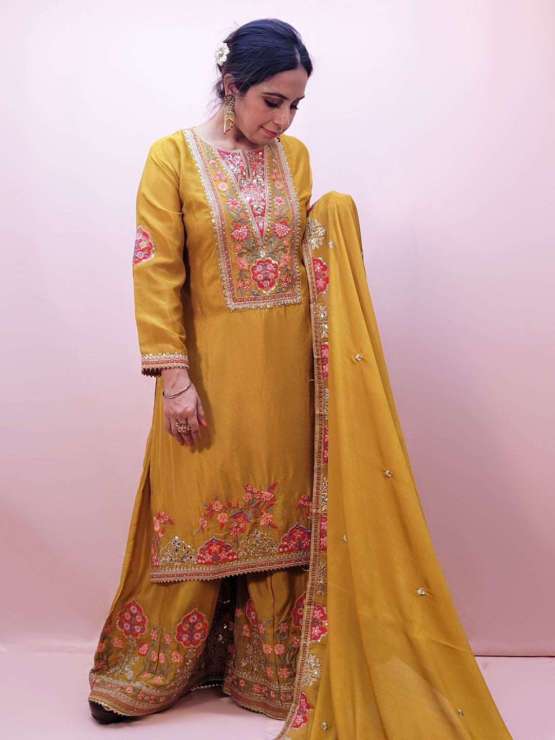 Yellow Chinon Wedding Suit for Women