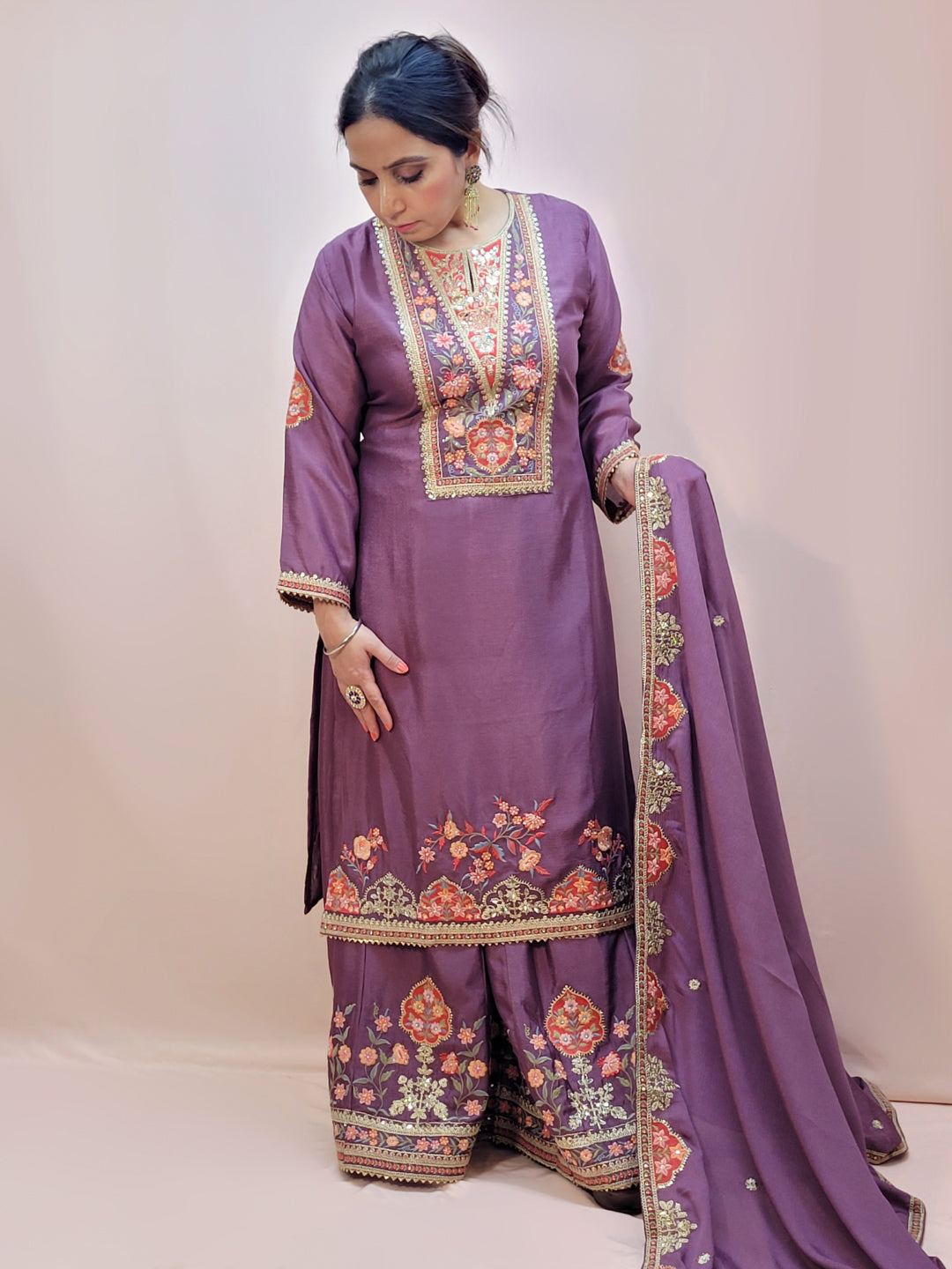 Purple Chinon Wedding Suit for Women