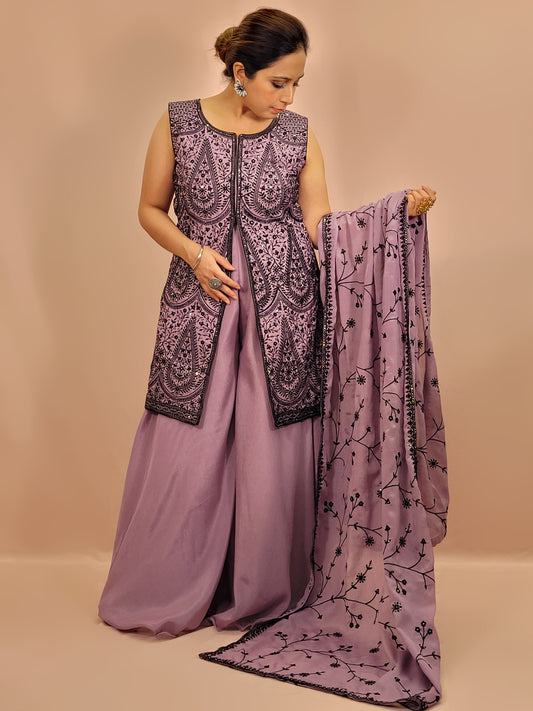 Lavender Indo Western Sharara Suit. Black Resham embroidery with sequins highlighting on Kameez and Dupatta.