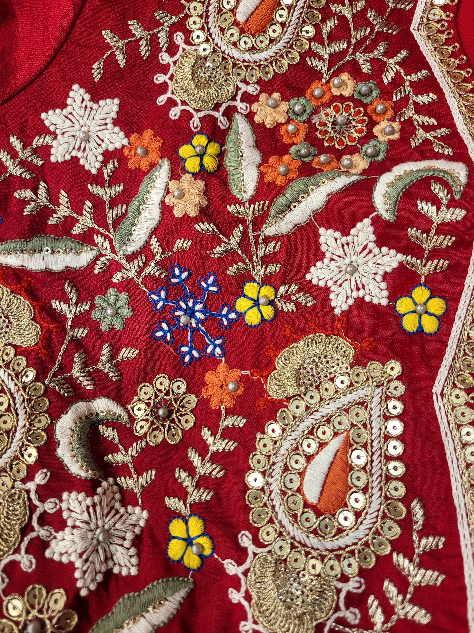 Red &nbsp;Georgette Gown with Saree Drape and Designer Shrug.Chinnon Drape. Heavy embroidered shrug with muticolor resham work enhanced with sequins and beads.