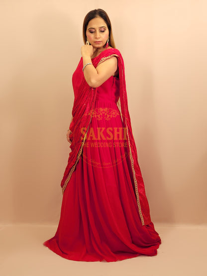 Red  Georgette Gown with Saree Drape and Designer Shrug