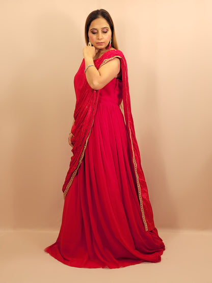 Red &nbsp;Georgette Gown with Saree Drape and Designer Shrug.Chinnon Drape. Heavy embroidered shrug with muticolor resham work enhanced with sequins and beads.