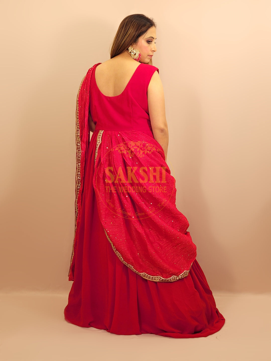 Red  Georgette Gown with Saree Drape and Designer Shrug