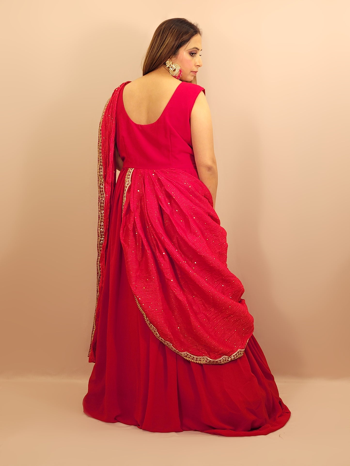 Red &nbsp;Georgette Gown with Saree Drape and Designer Shrug.Chinnon Drape. Heavy embroidered shrug with muticolor resham work enhanced with sequins and beads.