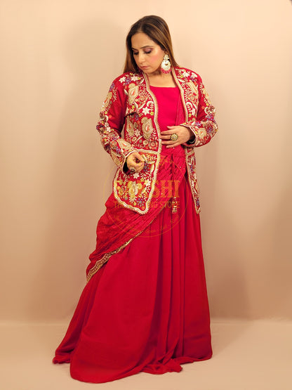 Red  Georgette Gown with Saree Drape and Designer Shrug