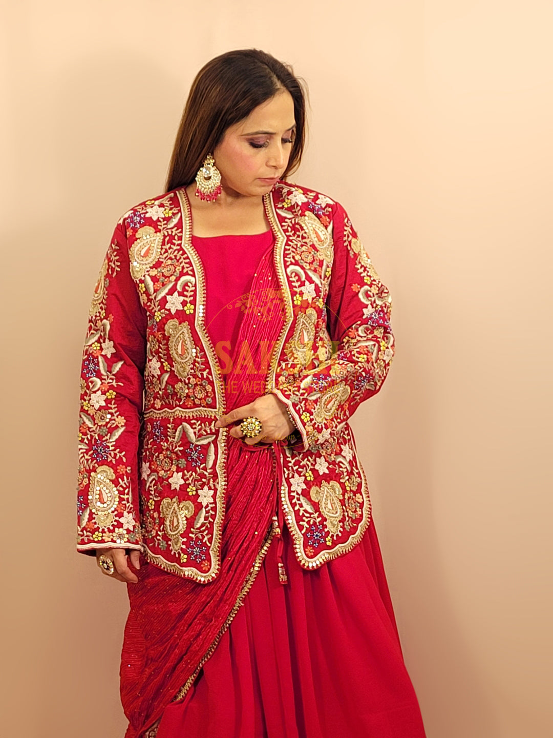 Red  Georgette Gown with Saree Drape and Designer Shrug