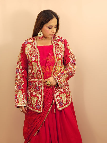 Red  Georgette Gown with Saree Drape and Designer Shrug