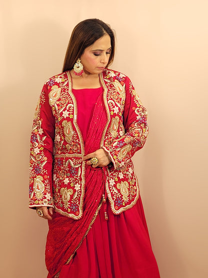 Red &nbsp;Georgette Gown with Saree Drape and Designer Shrug.Chinnon Drape. Heavy embroidered shrug with muticolor resham work enhanced with sequins and beads.