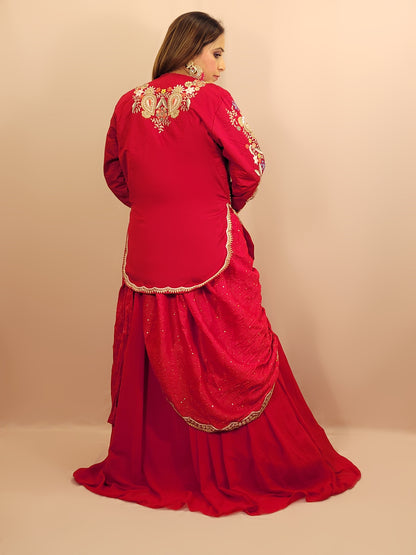 Red &nbsp;Georgette Gown with Saree Drape and Designer Shrug.Chinnon Drape. Heavy embroidered shrug with muticolor resham work enhanced with sequins and beads.